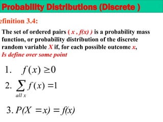 1
)
(
.
2 
x
all
x
f
f(x)
x)
P(X 

3.
Probability Distributions (Discrete )
efinition 3.4:
0
)
(
.
1 
x
f
The set of ordered pairs ( x , f(x) ) is a probability mass
function, or probability distribution of the discrete
random variable X if, for each possible outcome x,
Is define over some point
 