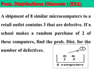 Prob. Distributions (Discrete ) (EX1)
A shipment of 8 similar microcomputers to a
retail outlet contains 3 that are defective. If a
school makes a random purchase of 2 of
these computers, find the prob. Dist. for the
number of defectives.
 