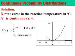 Solution:
X =the error in the reaction temperature in o
C.
X is continuous r. v.









elsewhere
x
x
x
f
;
0
2
1
;
3
1
)
(
2
Continuous Probability Distributions
 