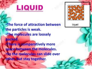 •The force of attraction between
the particles is weak.
•The molecules are loosely
packed.
•There is comparatively more
space between the molecules.
•So the molecules can slide over
other, but stay together.
 