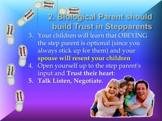 3. Your children will learn that OBEYING
   the step parent is optional (since you
   always stick up for them) and your
   spouse will resent your children
4. Open yourself up to the step parent's
   input and Trust their heart:
5. Talk Listen, Negotiate.
 
