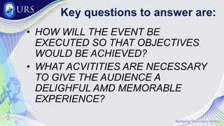 Key questions to answer are:
• HOW WILL THE EVENT BE
EXECUTED SO THAT OBJECTIVES
WOULD BE ACHIEVED?
• WHAT ACVITITIES ARE NECESSARY
TO GIVE THE AUDIENCE A
DELIGHFUL AMD MEMORABLE
EXPERIENCE?
 