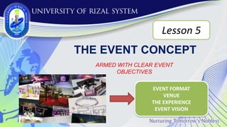 THE EVENT CONCEPT
ARMED WITH CLEAR EVENT
OBJECTIVES
Lesson 5
EVENT FORMAT
VENUE
THE EXPERIENCE
EVENT VISION
 