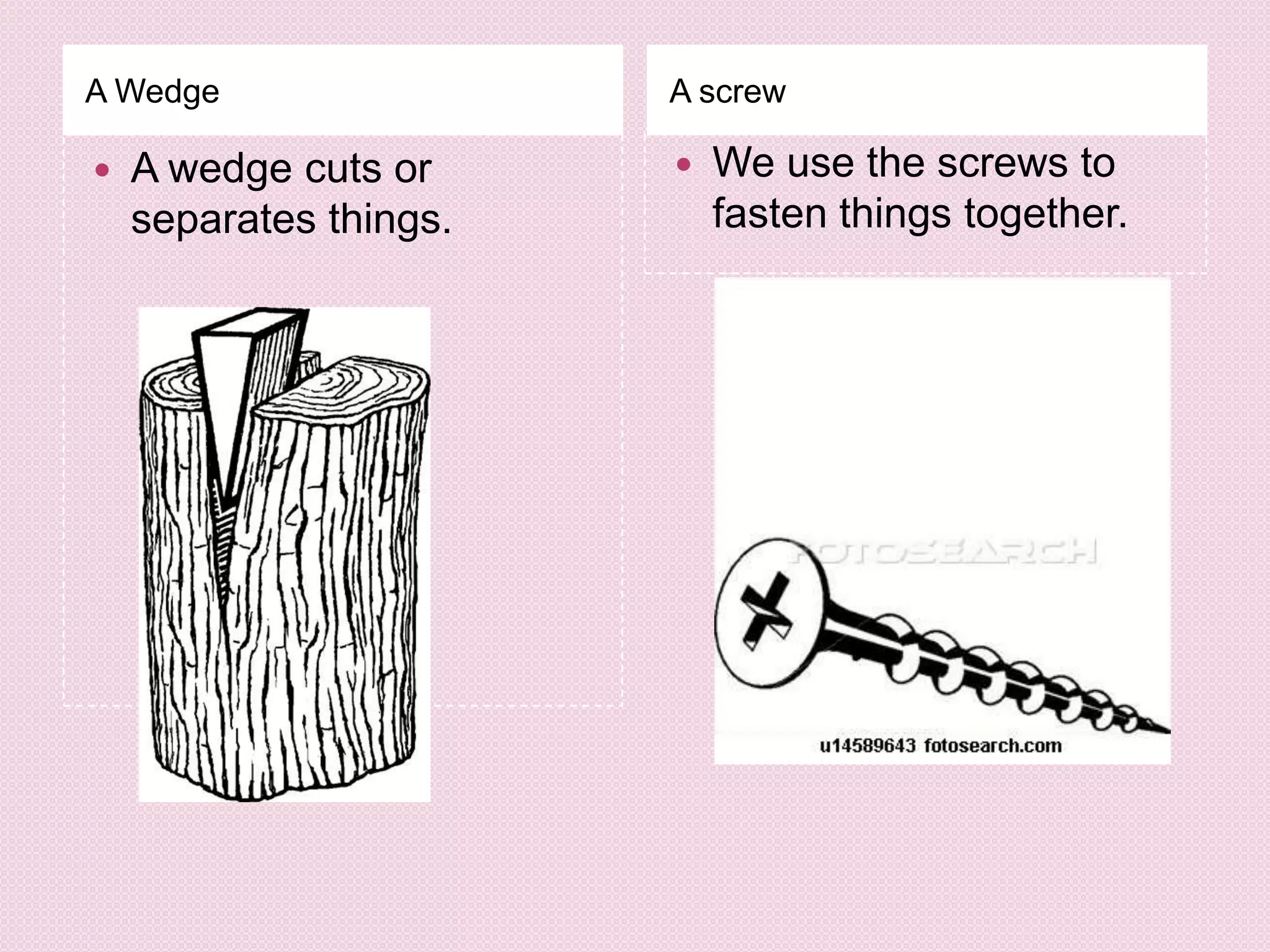A Wedge A screw A wedge cuts or separates things.We use the screws to fasten things together.