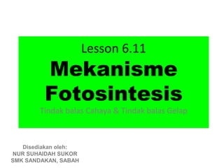 Lesson 6.11
         Mekanisme
         Fotosintesis
        Tindak balas Cahaya & Tindak balas Gelap



   Disediakan oleh:
NUR SUHAIDAH SUKOR
SMK SANDAKAN, SABAH
 