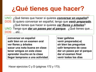UNO:  ¿Qué tienes que hacer si quieres  conversar en español ? DOS:  Si quiero conversar en español, tengo que  venir preparado . ¿Qué tienes que hacer si quieres  ver flores y árboles ? UNO:  Tengo que  dar un paseo por el parque .  ¿Qué tienes que… DOS:  …etc… ¿Qué tienes que hacer? conversar en español salir bien en un examen oral ver flores y árboles sacar una nota buena en clase tener amigos en esta clase aprender mucho en la clase llegar temprano a una actividad traer galletas venir preparado(-a) oír bien las preguntas salir temprano de casa dar un paseo por el parque dar el examen final venir todos los días Hacer ejercicios C y D (páginas 172 y 173). 