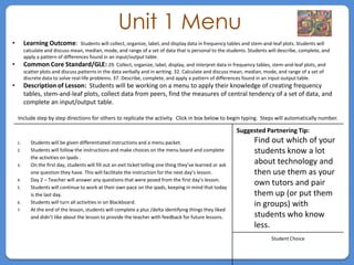 Unit 1 Menu
•        Learning Outcome:          Students will collect, organize, label, and display data in frequency tables and stem-and-leaf plots. Students will
         calculate and discuss mean, median, mode, and range of a set of data that is personal to the students. Students will describe, complete, and
         apply a pattern of differences found in an input/output table.
•        Common Core Standard/GLE: 29. Collect, organize, label, display, and interpret data in frequency tables, stem-and-leaf plots, and
         scatter plots and discuss patterns in the data verbally and in writing. 32. Calculate and discuss mean, median, mode, and range of a set of
         discrete data to solve real-life problems. 37. Describe, complete, and apply a pattern of differences found in an input-output table.
•        Description of Lesson: Students will be working on a menu to apply their knowledge of creating frequency
         tables, stem-and-leaf plots, collect data from peers, find the measures of central tendency of a set of data, and
         complete an input/output table.

    Include step by step directions for others to replicate the activity. Click in box below to begin typing. Steps will automatically number.

                                                                                                               Suggested Partnering Tip:
    1.      Students will be given differentiated instructions and a menu packet.                                    Find out which of your
    2.      Students will follow the instructions and make choices on the menu board and complete                    students know a lot
            the activities on ipads .
    3.      On the first day, students will fill out an exit ticket telling one thing they’ve learned or ask
                                                                                                                     about technology and
            one question they have. This will facilitate the instruction for the next day’s lesson.                  then use them as your
    4.      Day 2 – Teacher will answer any questions that were posed from the first day’s lesson.
    5.      Students will continue to work at their own pace on the ipads, keeping in mind that today
                                                                                                                     own tutors and pair
            is the last day.                                                                                         them up (or put them
    6.      Students will turn all activities in on Blackboard.                                                      in groups) with
    7.      At the end of the lesson, students will complete a plus /delta identifying things they liked
            and didn’t like about the lesson to provide the teacher with feedback for future lessons.                students who know
                                                                                                                     less.
                                                                                                                           Student Choice
 