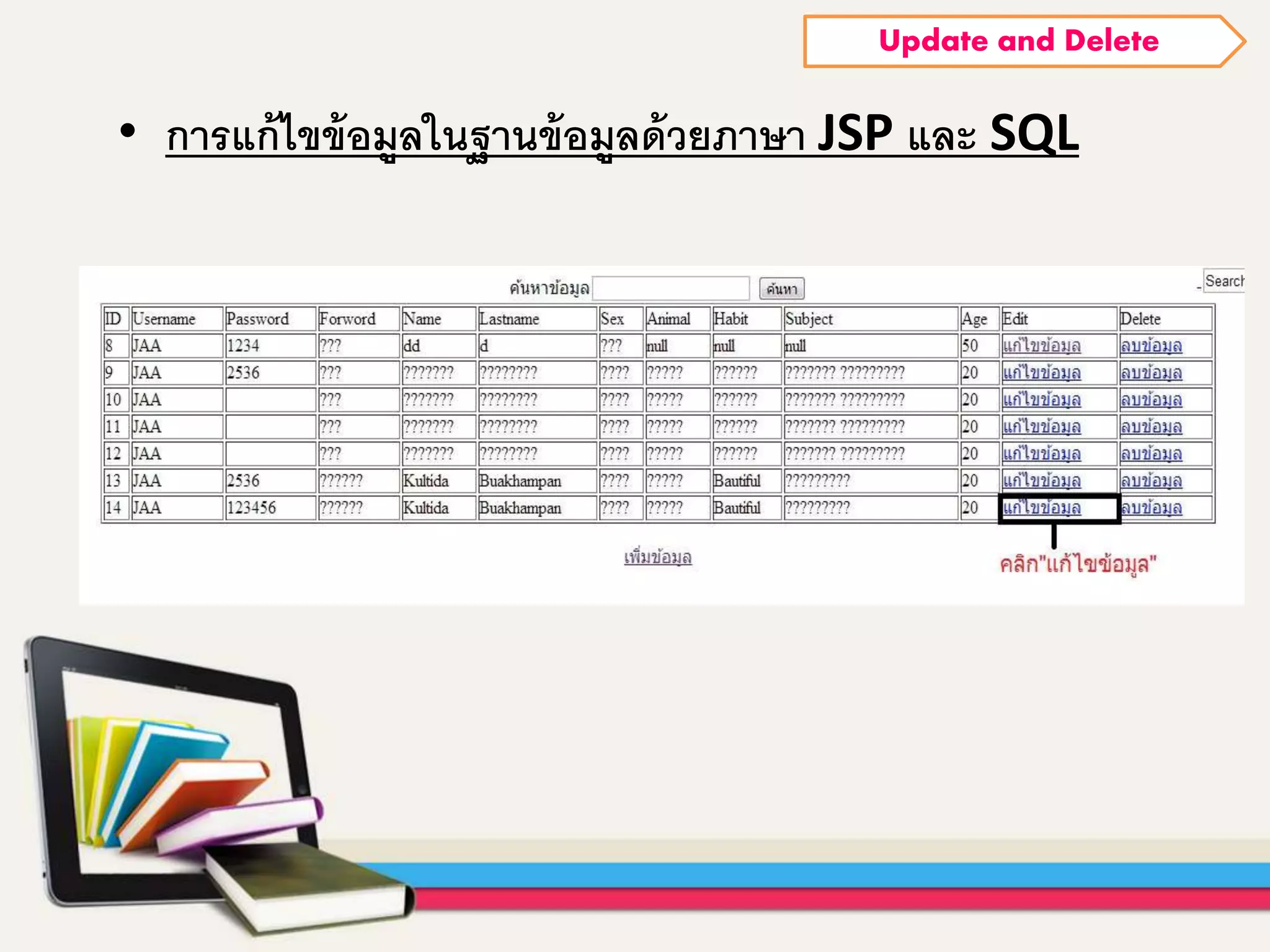 • การแก้ไขข้อมูลในฐานข้อมูลด้วยภาษา JSP และ SQL
Update and Delete
 