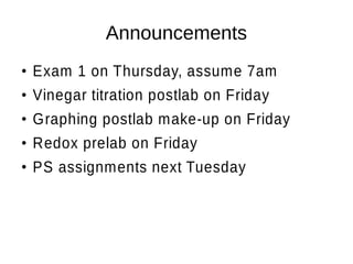 Announcements
●
Exam 1 on Thursday, assume 7am
●
Vinegar titration postlab on Friday
●
Graphing postlab make-up on Friday
●
Redox prelab on Friday
●
PS assignments next Tuesday
 