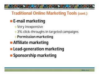 Traditional Online Marketing Tools (cont.)
 E-mail marketing
Very inexpensive
3% click-throughs in targeted campaigns
Permission marketing
 Affiliate marketing
 Lead-generation marketing
 Sponsorship marketing
Slide 6-27
 