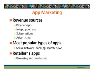 App Marketing
 Revenue sources
 Pay-per-app
 In-app purchase
 Subscriptions
 Advertising
 Most popular types of apps
 Social network, banking, search, news
 Retailer’s apps
 Browsing and purchasing
Slide 6-34
 