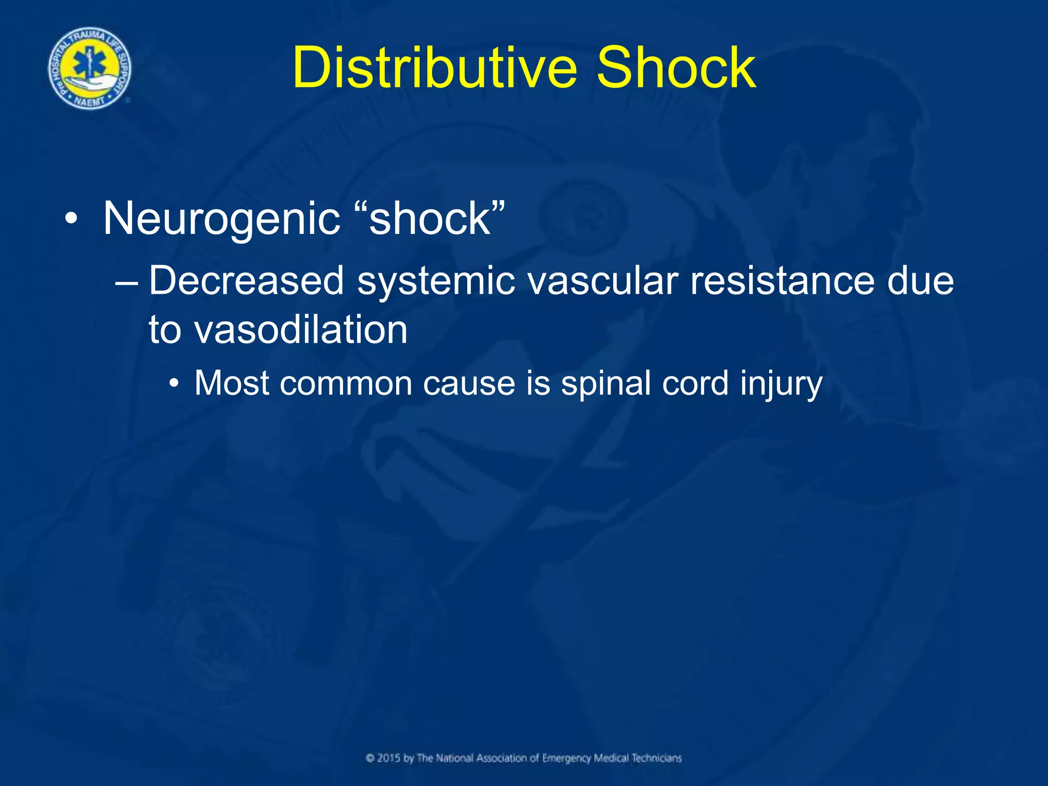 Distributive Shock
• Neurogenic “shock”
– Decreased systemic vascular resistance due
to vasodilation
• Most common cause is spinal cord injury
 