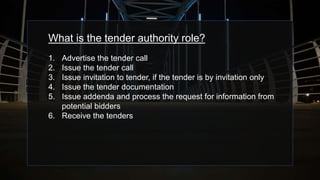 What is the tender authority role?
1. Advertise the tender call
2. Issue the tender call
3. Issue invitation to tender, if the tender is by invitation only
4. Issue the tender documentation
5. Issue addenda and process the request for information from
potential bidders
6. Receive the tenders
 