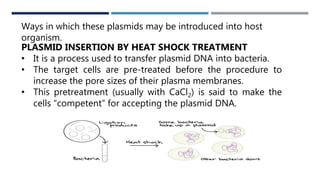 WAYS
Ways in which these plasmids may be introduced into host
organism.
PLASMID INSERTION BY HEAT SHOCK TREATMENT
• It is a process used to transfer plasmid DNA into bacteria.
• The target cells are pre-treated before the procedure to
increase the pore sizes of their plasma membranes.
• This pretreatment (usually with CaCl2) is said to make the
cells “competent” for accepting the plasmid DNA.
 