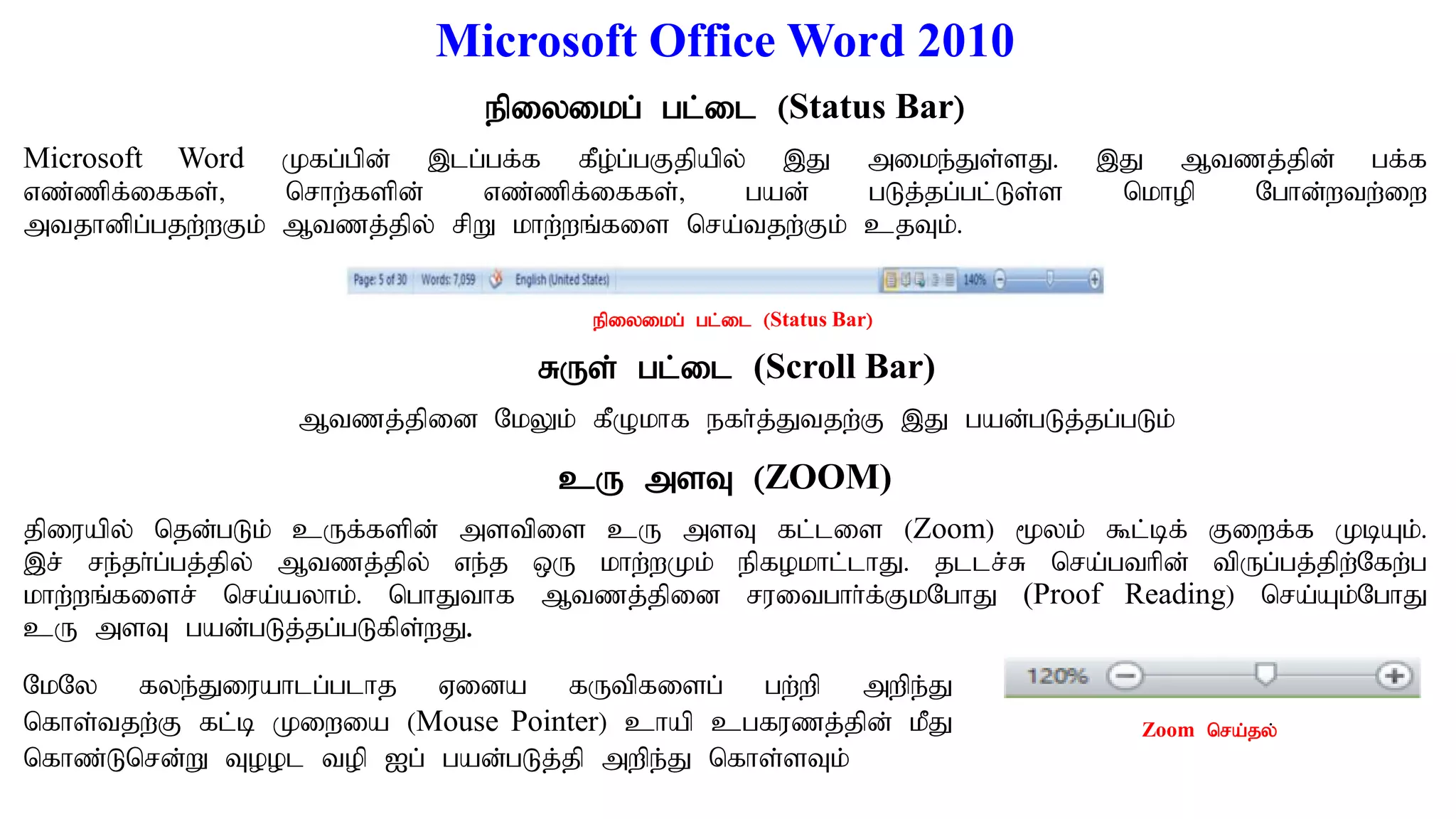 Microsoft Office Word 2010
epiyikg; gl;il (Status Bar)
Microsoft Word Kfg;gpd; ,lg;gf;f fPo;g;gFjpapy; ,J mike;Js;sJ. ,J Mtzj;jpd; gf;f
vz;zpf;iffs;> nrhw;fspd; vz;zpf;iffs;> gad; gLj;jg;gl;Ls;s nkhop Nghd;wtw;iw
mtjhdpg;gjw;wFk; Mtzj;jpy; rpW khw;wq;fis nra;tjw;Fk; cjTk;.
RUs; gl;il (Scroll Bar)
Mtzj;jpid NkYk; fPOkhf efh;j;Jtjw;F ,J gad;gLj;jg;gLk;
cU msT (ZOOM)
jpiuapy; njd;gLk; cUf;fspd; mstpis cU msT fl;lis (Zoom) %yk; $l;bf; Fiwf;f KbAk;.
,r; re;jh;g;gj;jpy; Mtzj;jpy; ve;j xU khw;wKk; epfokhl;lhJ. jllr;R nra;gthpd; tpUg;gj;jpw;Nfw;g
khw;wq;fisr; nra;ayhk;. nghJthf Mtzj;jpid ruitghh;f;FkNghJ (Proof Reading) nra;Ak;NghJ
cU msT gad;gLj;jg;gLfps;wJ.
NkNy fye;Jiuahlg;glhj Vida fUtpfisg; gw;wp mwpe;J
nfhs;tjw;F fl;b Kiwia (Mouse Pointer) chap cgfuzj;jpd; kPJ
nfhz;Lnrd;W Tool top Ig; gad;gLj;jp mwpe;J nfhs;sTk;
epiyikg; gl;il (Status Bar)
Zoom nra;jy;
 