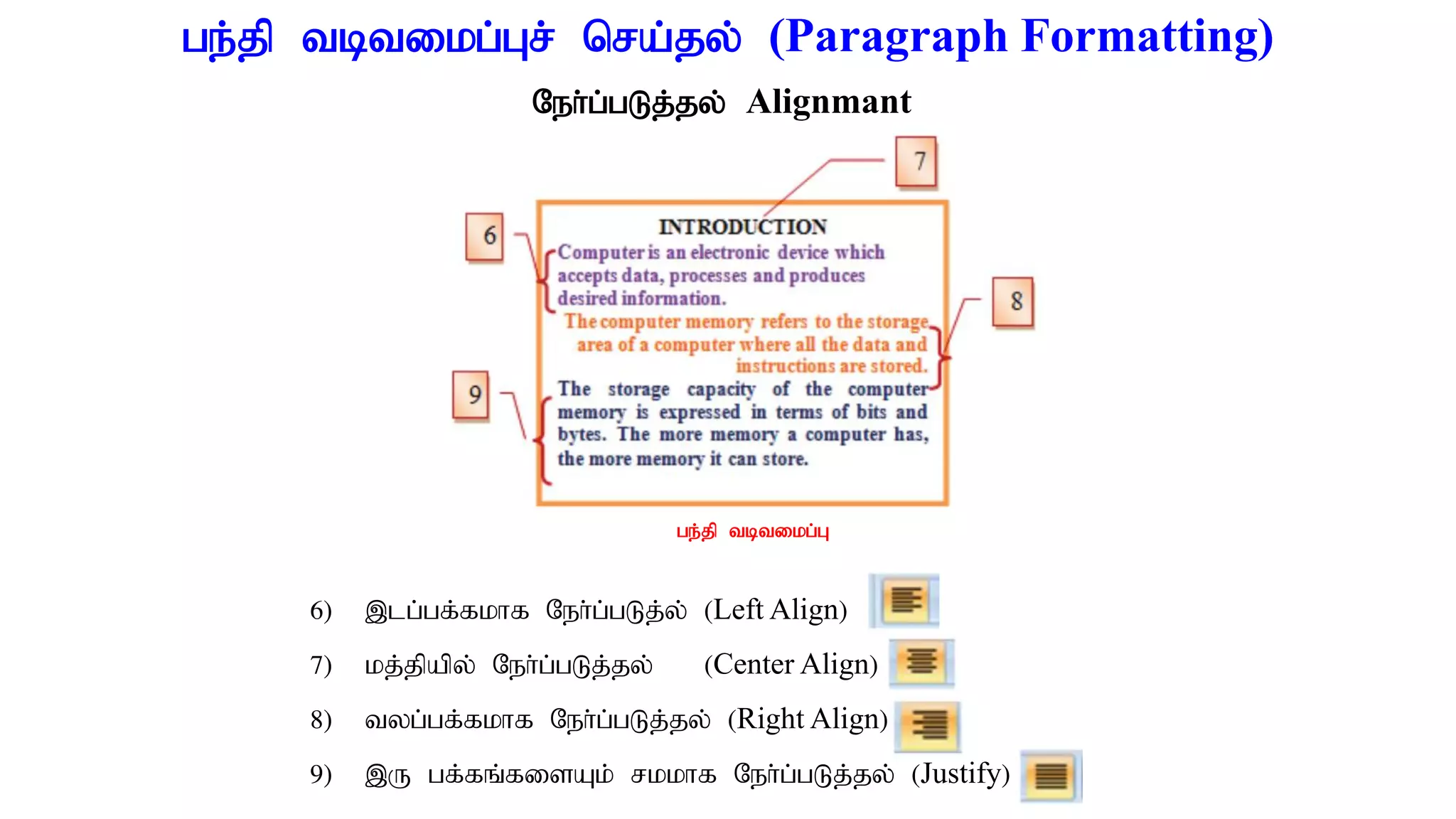 ge;jp tbtikg;Gr; nra;jy; (Paragraph Formatting)
Neh;g;gLj;jy; Alignmant
6) ,lg;gf;fkhf Neh;g;gLj;y; (Left Align)
7) kj;jpapy; Neh;g;gLj;jy; (Center Align)
8) tyg;gf;fkhf Neh;g;gLj;jy; (Right Align)
9) ,U gf;fq;fisAk; rkkhf Neh;g;gLj;jy; (Justify)
ge;jp tbtikg;G
 