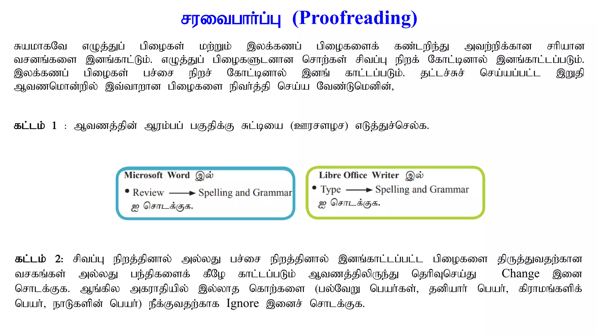 ruitghh;g;G (Proofreading)
RakhfNt vOj;Jg; gpiofs; kw;Wk; ,yf;fzg; gpiofisf; fz;lwpe;J mtw;wpf;fhd rhpahd
trdq;fis ,dq;fhl;Lk;. vOj;Jg; gpiofSldhd nrhw;fs; rptg;G epwf; Nfhl;bdhy; ,dq;fhl;lg;gLk;.
,yf;fzg; gpiofs; gr;ir epwr; Nfhl;bdhy; ,dq; fhl;lg;gLk;. jl;lr;Rr; nra;ag;gl;l ,Wjp
Mtznkhd;wpy; ,t;thwhd gpiofis epth;j;jp nra;a Ntz;Lnkdpd;>
fl;lk; 1 : Mtzj;jpd; Muk;gg; gFjpf;F Rl;bia (Cursor) vLj;Jr;nry;f.
fl;lk; 2: rptg;G epwj;jpdhy; my;yJ gr;ir epwj;jpdhy; ,dq;fhl;lg;gl;l gpiofis jpUj;Jtjw;fhd
trfq;fs; my;yJ ge;jpfisf; fPNo fhl;lg;gLk; Mtzj;jpypUe;J njhpTnra;J Change ,id
nrhlf;Ff. Mq;fpy mfuhjpapy; ,y;yhj nfhw;fis (gy;NtW ngah;fs;> jdpahh; ngah;> fpuhkq;fspf;
ngah;> ehLfspd; ngah;) ePf;Ftjw;fhf Ignore ,idr; nrhlf;Ff.
 