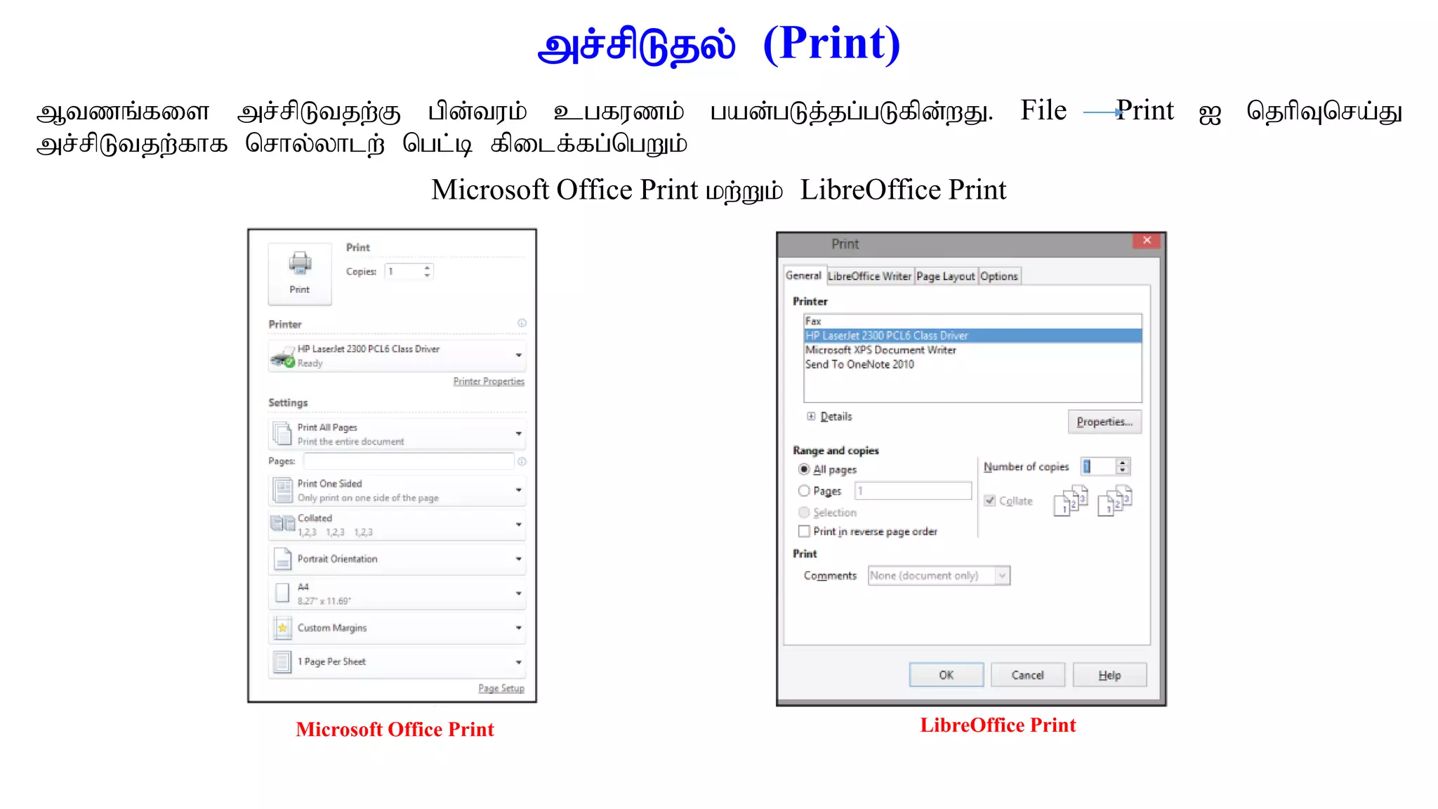 mr;rpLjy; (Print)
Mtzq;fis mr;rpLtjw;F gpd;tuk; cgfuzk; gad;gLj;jg;gLfpd;wJ. File Print I njhpTnra;J
mr;rpLtjw;fhf nrhy;yhlw; ngl;b fpilf;fg;ngWk;
Microsoft Office Print kw;Wk; LibreOffice Print
Microsoft Office Print LibreOffice Print
 