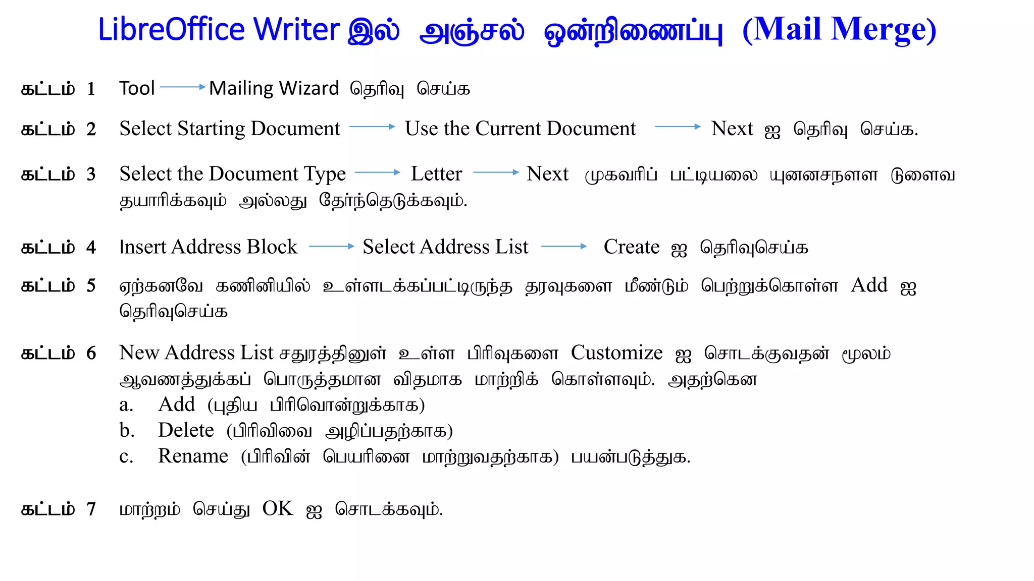 LibreOffice Writer ,y; mQ;ry; xd;wpizg;G (Mail Merge)
fl;lk; 1 Tool Mailing Wizard njhpT nra;f
fl;lk; 2 Select Starting Document Use the Current Document Next I njhpT nra;f.
fl;lk; 3 Select the Document Type Letter Next Kfthpg; gl;baiy Address List
jahhpf;fTk; my;yJ Njh;e;njLf;fTk;.
fl;lk; 4 Insert Address Block Select Address List Create I njhpTnra;f
fl;lk; 5 Vw;fdNt fzpdpapy; cs;slf;fg;gl;bUe;j juTfis kPz;Lk; ngw;Wf;nfhs;s Add I
njhpTnra;f
fl;lk; 6 New Address List rJuj;jpDs; cs;s gphpTfis Customize I nrhlf;Ftjd; %yk;
Mtzj;Jf;fg; nghUj;jkhd tpjkhf khw;wpf; nfhs;sTk;. mjw;nfd
a. Add (Gjpa gphpnthd;Wf;fhf)
b. Delete (gphptpit mopg;gjw;fhf)
c. Rename (gphptpd; ngahpid khw;Wtjw;fhf) gad;gLj;Jf.
fl;lk; 7 khw;wk; nra;J OK I nrhlf;fTk;.
 
