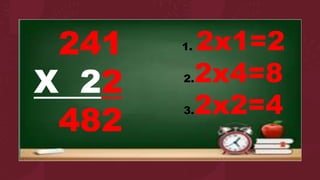 241
X 22
482
1. 2x1=2
2.2x4=8
3.2x2=4
 