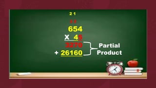 2 1
2 2
654
X 45
3270
+ 26160
Partial
Product
 
