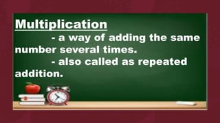 Multiplication
- a way of adding the same
number several times.
- also called as repeated
addition.
 
