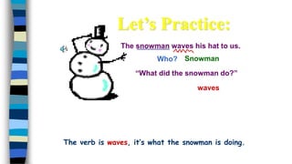 The snowman waves his hat to us.
Who?
waves
Snowman
“What did the snowman do?”
Let’s Practice:
The verb is waves, it’s what the snowman is doing.
 