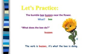 The bumble bee buzzes near the flower.
What?
buzzes
bee
“What does the bee do?”
Let’s Practice:
The verb is buzzes, it’s what the bee is doing.
 