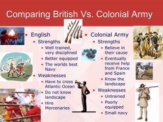 Comparing British Vs. Colonial Army
• English
• Strengths
• Well trained,
very disciplined
• Better equipped
• The worlds best
Navy
• Weaknesses
• Have to cross
Atlantic Ocean
• Do not know
landscape
• Hire
Mercenaries
• Colonial Army
• Strengths
• Believe in
their cause
• Eventually
receive help
from France
and Spain
• Know the
landscape
• Weaknesses
• Untrained
• Poorly
equipped
• Small navy
 