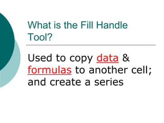 What is the Fill Handle
Tool?
Used to copy data &
formulas to another cell;
and create a series
 