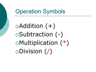 Operation Symbols
Addition (+)
Subtraction (-)
Multiplication (*)
Division (/)
 