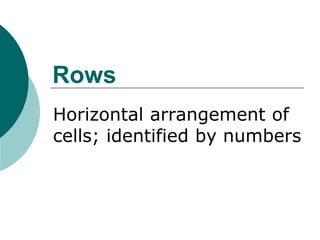 Rows
Horizontal arrangement of
cells; identified by numbers
 