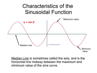 Characteristics of the  Sinusoidal Function Median Line Median Line  is sometimes called the axis, and is the horizontal line midway between the maximum and minimum value of the sine curve.  Maximum value Minimum value 