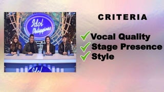 C R I T E R I A
Vocal Quality
Stage Presence
Style
 