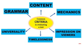 OBJECTIVE
- It is NOT influenced
by personal feelings,
tastes or opinion to
develop FAIR
judgment
CONTENT
GRAMMAR
UNIVERSALITY
TIMELESSNESS
IMPRESSION ON
VIEWERS
MECHANICS
 
