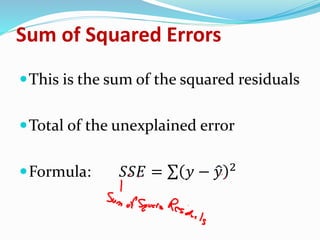 Sum of Squared Errors
This is the sum of the squared residuals
Total of the unexplained error
Formula: 𝑆𝑆𝐸 = 𝑦 − 𝑦 2
 