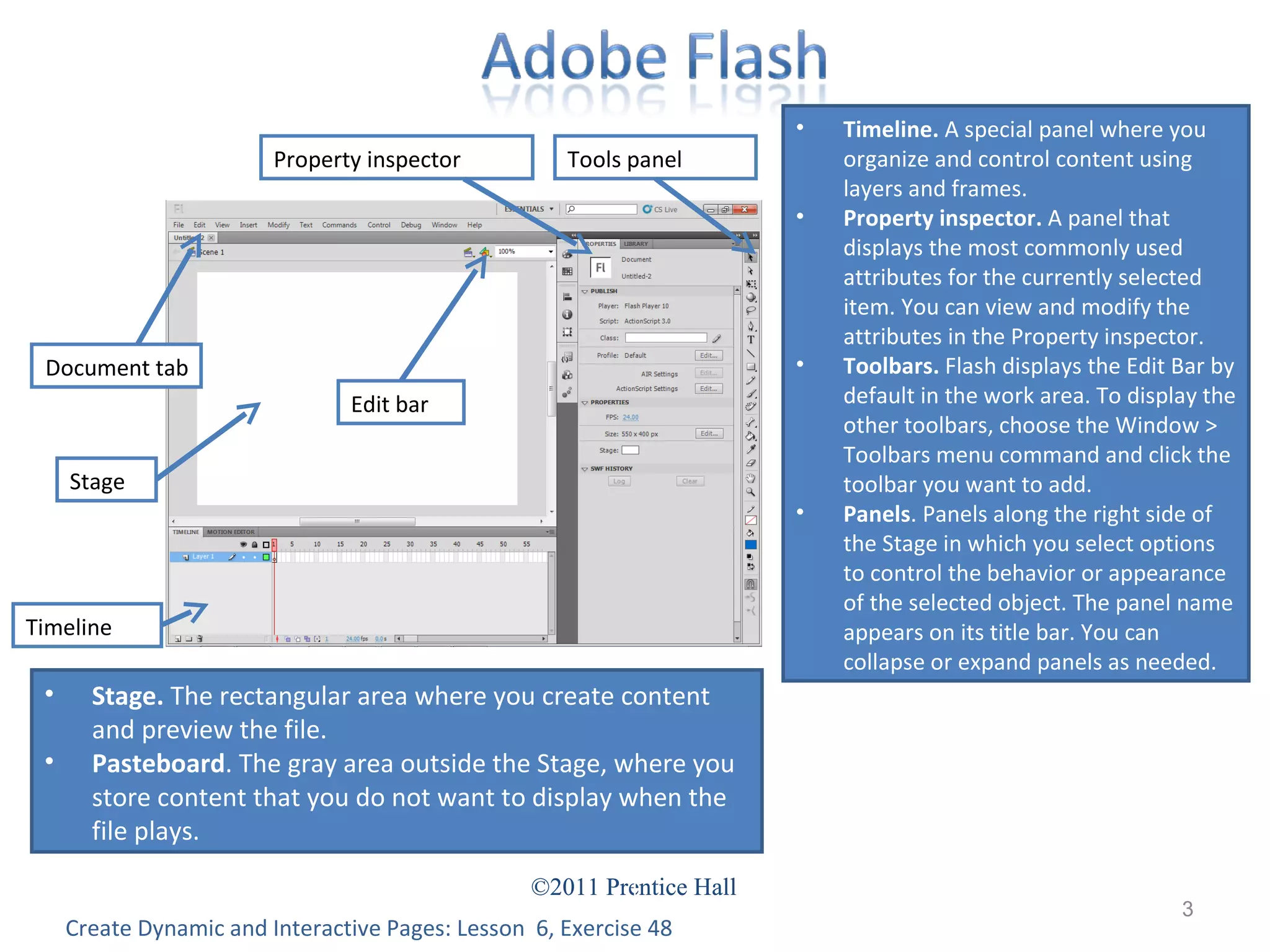 Create Dynamic and Interactive Pages: Lesson  6, Exercise 48 Timeline.  A special panel where you organize and control content using layers and frames.  Property inspector.  A panel that displays the most commonly used attributes for the currently selected item. You can view and modify the attributes in the Property inspector. Toolbars.  Flash displays the Edit Bar by default in the work area. To display the other toolbars, choose the Window > Toolbars menu command and click the toolbar you want to add. Panels . Panels along the right side of the Stage in which you select options to control the behavior or appearance of the selected object. The panel name appears on its title bar. You can collapse or expand panels as needed. Stage.  The rectangular area where you create content and preview the file. Pasteboard . The gray area outside the Stage, where you store content that you do not want to display when the file plays. Document tab Edit bar Stage Timeline Property inspector Tools panel 
