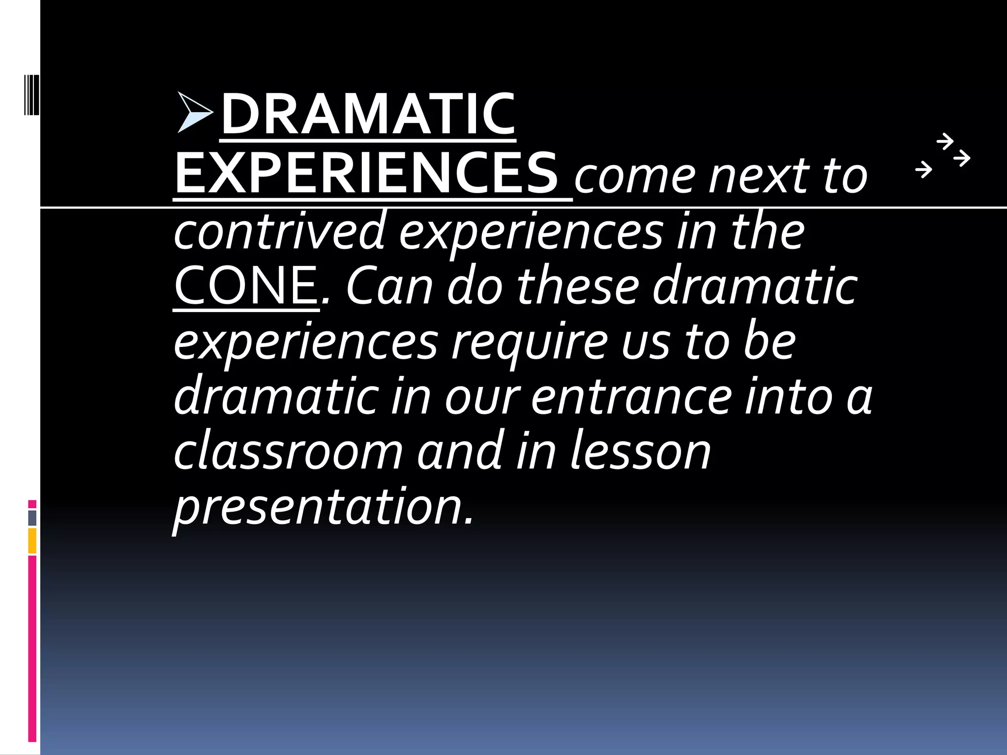 DRAMATIC
EXPERIENCES come next to
contrived experiences in the
CONE. Can do these dramatic
experiences require us to be
dramatic in our entrance into a
classroom and in lesson
presentation.
 