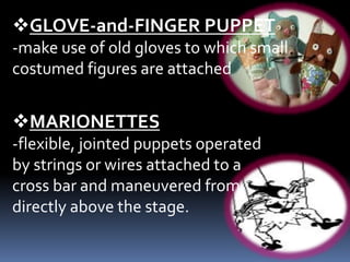 GLOVE-and-FINGER PUPPET
-make use of old gloves to which small
costumed figures are attached
MARIONETTES
-flexible, jointed puppets operated
by strings or wires attached to a
cross bar and maneuvered from
directly above the stage.
 