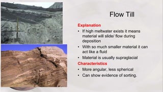 Flow Till
Explanation
• If high meltwater exists it means
material will slide/ flow during
deposition
• With so much smaller material it can
act like a fluid
• Material is usually supraglacial
Characteristics
• More angular, less spherical
• Can show evidence of sorting.
 