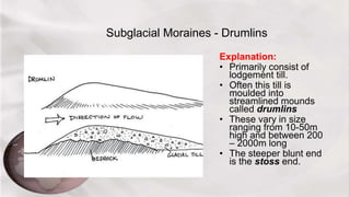 Subglacial Moraines - Drumlins
Explanation:
• Primarily consist of
lodgement till.
• Often this till is
moulded into
streamlined mounds
called drumlins
• These vary in size
ranging from 10-50m
high and between 200
– 2000m long
• The steeper blunt end
is the stoss end.
 