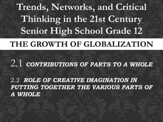 THE GROWTH OF GLOBALIZATION
Trends, Networks, and Critical
Thinking in the 21st Century
Senior High School Grade 12
2.1 CONTRIBUTIONS OF PARTS TO A WHOLE
2.2 ROLE OF CREATIVE IMAGINATION IN
PUTTING TOGETHER THE VARIOUS PARTS OF
A WHOLE
 