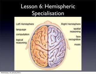 Lesson 6: Hemispheric
                                 Specialisation




Wednesday, 25 January 2012
 