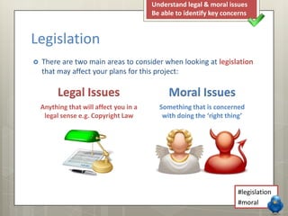  There are two main areas to consider when looking at legislation
that may affect your plans for this project:
Legislation
Moral IssuesLegal Issues
Anything that will affect you in a
legal sense e.g. Copyright Law
Something that is concerned
with doing the ‘right thing’
Understand legal & moral issues
Be able to identify key concerns
#legislation
#moral
 