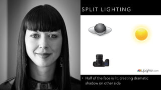 S P L I T L I G H T I N G
• Half of the face is lit, creating dramatic
shadow on other side
 