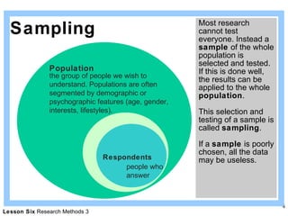 Most research cannot test everyone. Instead a  sample  of the whole population is selected and tested. If this is done well, the results can be applied to the whole  population . This selection and testing of a sample is called  sampling .  If a  sample  is poorly chosen, all the data may be useless.  Sampling Population the group of people we wish to understand. Populations are often segmented by demographic or psychographic features (age, gender, interests, lifestyles). Sample a subset of the population that represents the whole group Respondents people who answer 