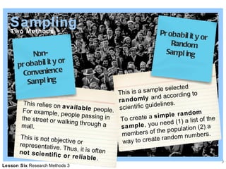 Two Methods Sampling This relies on  available  people. For example, people passing in the street or walking through a mall.  This is not objective or representative. Thus, it is often  not scientific or reliable . Non-probability or Convenience Sampling   This is a sample selected  randomly  and according to scientific guidelines. To create a  simple random sample , you need (1) a list of the members of the population (2) a way to create random numbers.  Probability or Random Sampling   
