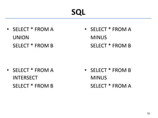 SQL
• SELECT * FROM A
UNION
SELECT * FROM B
• SELECT * FROM A
INTERSECT
SELECT * FROM B
• SELECT * FROM A
MINUS
SELECT * FROM B
• SELECT * FROM B
MINUS
SELECT * FROM A
16
 