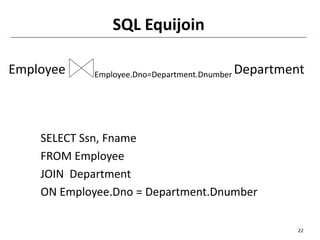 SQL Equijoin
Employee Employee.Dno=Department.Dnumber Department
SELECT Ssn, Fname
FROM Employee
JOIN Department
ON Employee.Dno = Department.Dnumber
22
 
