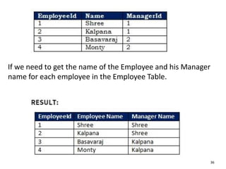 If we need to get the name of the Employee and his Manager
name for each employee in the Employee Table.
36
 